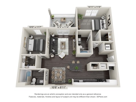 Floor plan for 2 beds, 2 baths, 1062 sqft